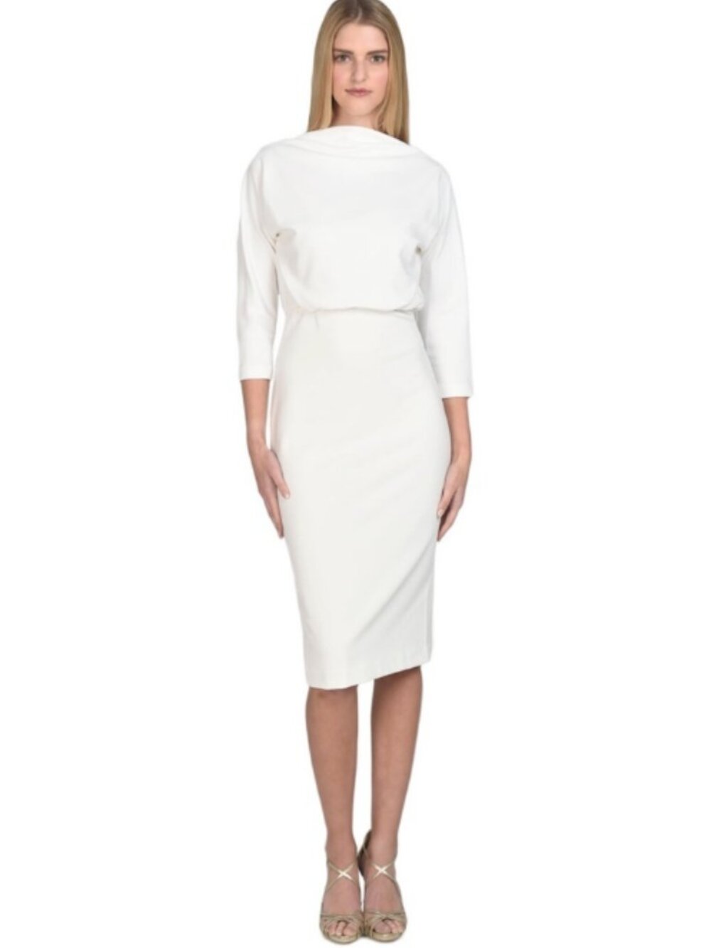 NWT Badgley Mischka Boat Neck Blouson Sheath Dress 3/4 Sleeve Midi Ivory $295.00 - Picture 3 of 12